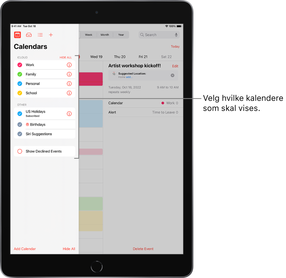Listen over kalendere med hakemerker som indikerer hvilke kalendere som er aktive. Ferdig-knappen for å lukke listen er øverst til høyre. Legg til kalender-knappen er nederst til venstre.