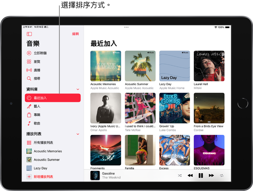 「資料庫」螢幕,在左側顯示側邊欄,並反白選取「最近加入」這幾個字。最近加入的播放列表和專輯顯示在右側。播放器位於右下方。