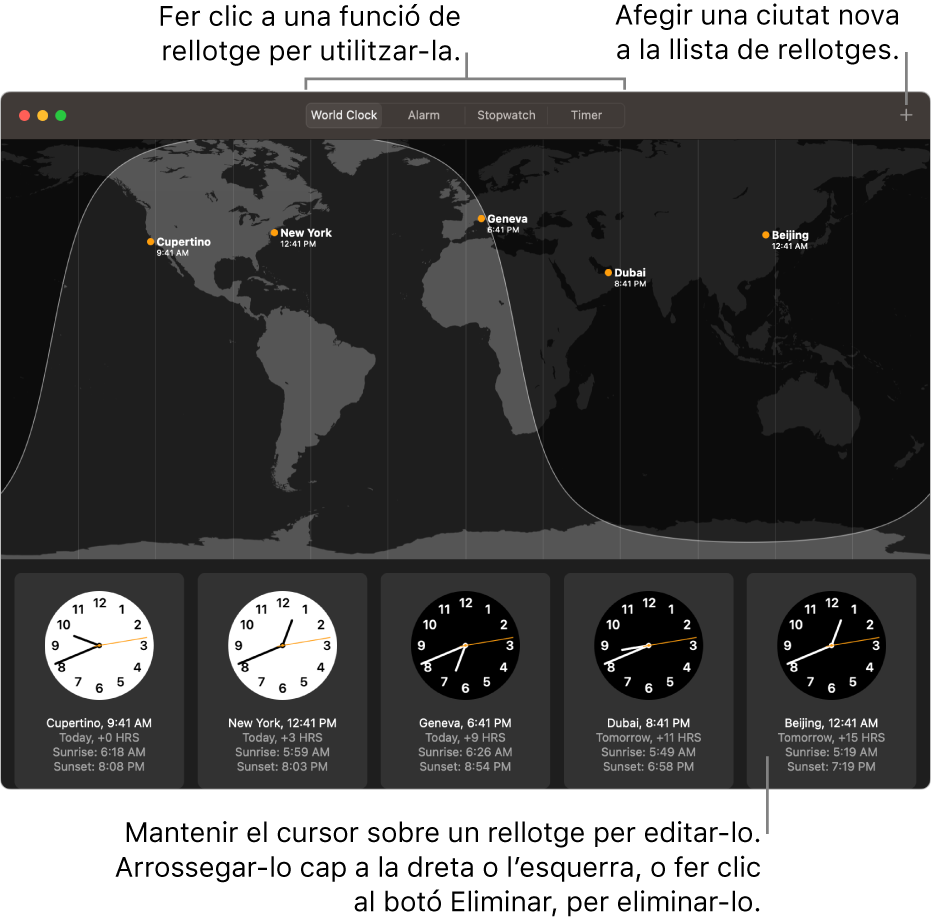 Un mapa del món amb l’hora local i l’hora de sortida i posta del sol en diferents ciutats del món.