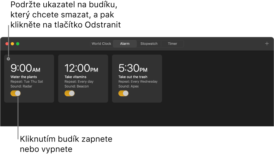 Okno Budík, v němž jsou vidět tři budíky.