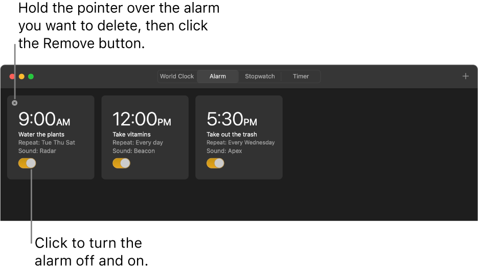 The Alarm window showing three alarms.