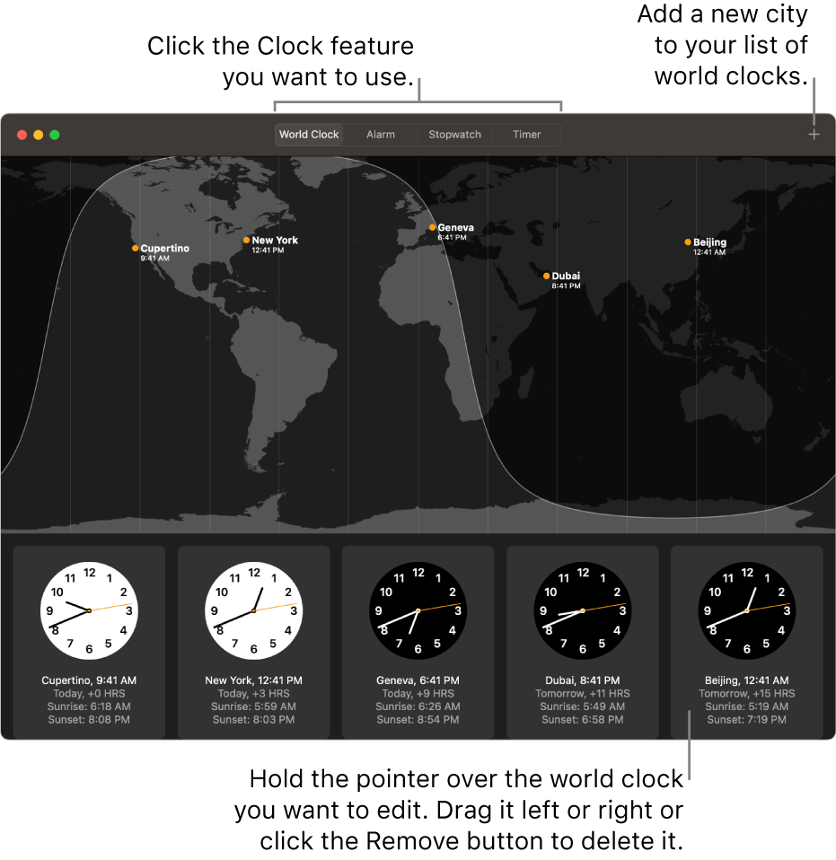 A world map showing the local time, sunrise and sunset in various cities around the world.