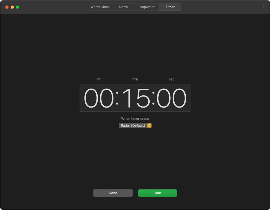 A timer screen with settings for choosing the duration and choosing a sound.