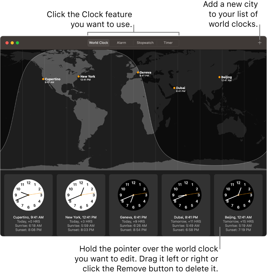 A world map showing the local time, sunrise, and sunset in various cities around the world.