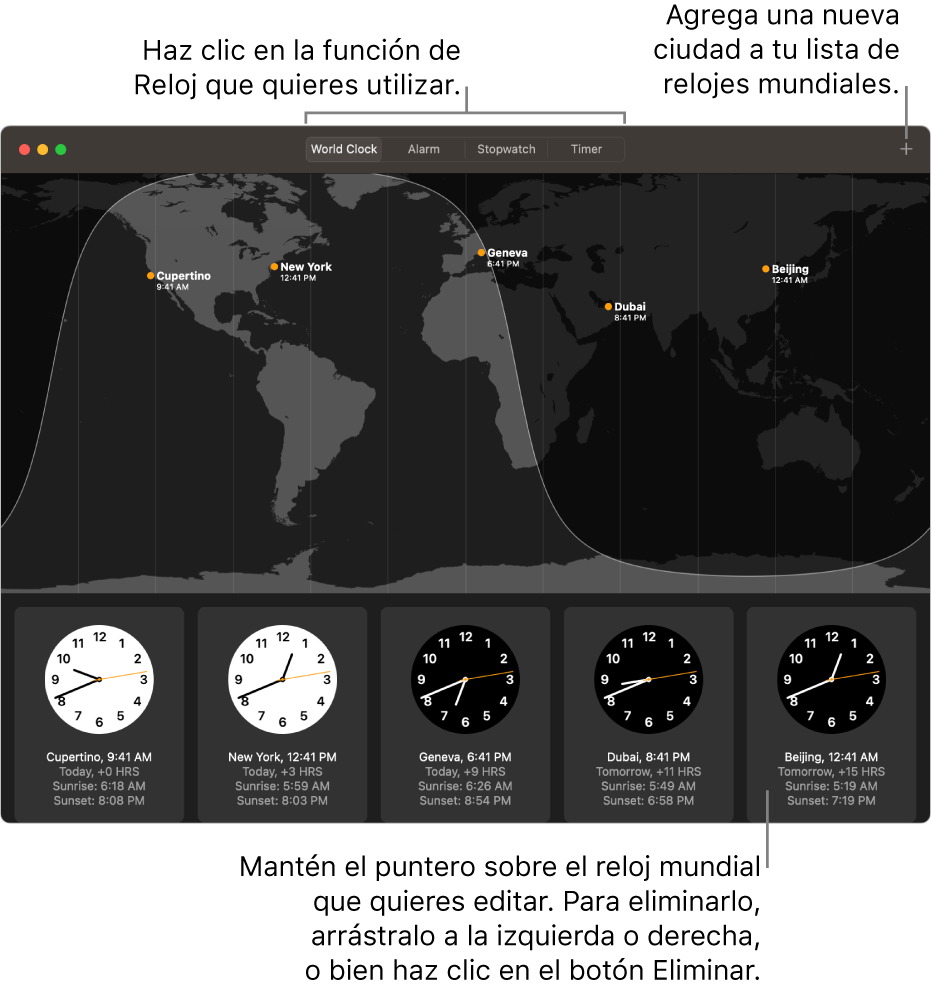 Un mapa mundial mostrando la hora local, la salida y la puesta del sol en varias ciudades del mundo.