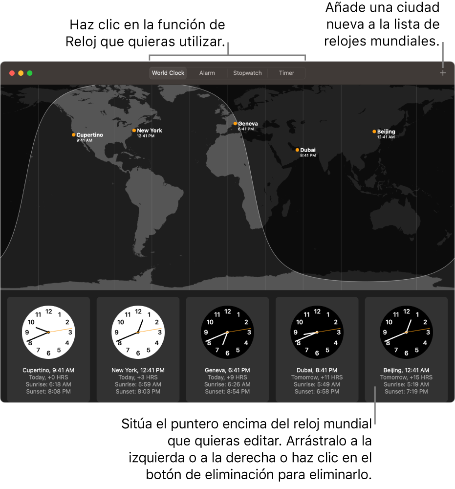 Un mapa del mundo que muestra la hora local, la salida y la puesta de sol en diferentes ciudades del mundo.