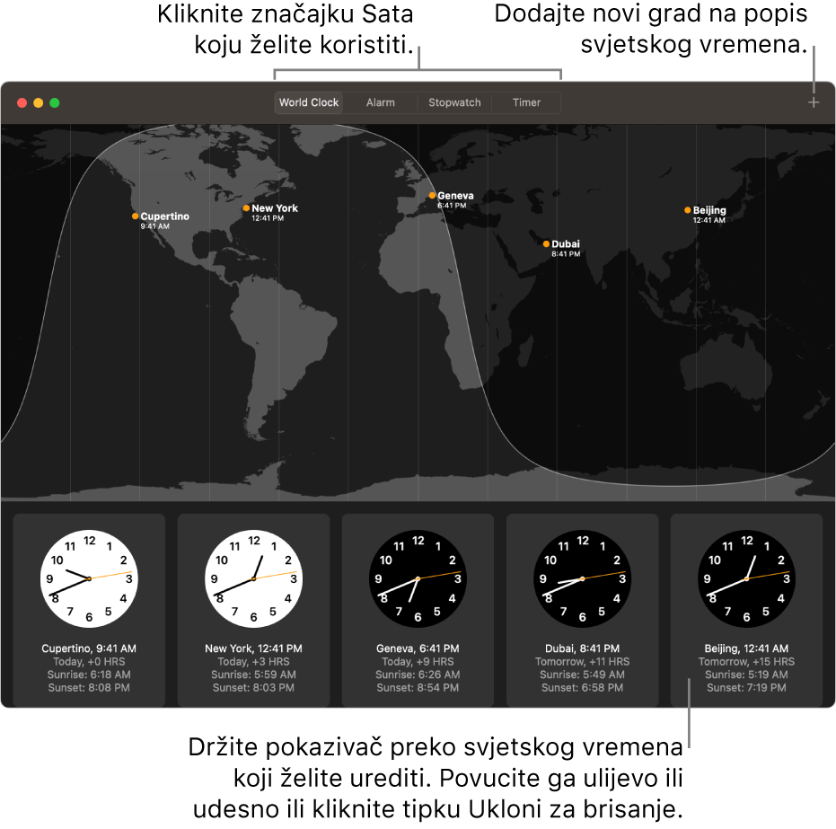 Karta svijeta s prikazom lokalnog vremena, izlaska sunca, zalaska sunca u raznim gradovima diljem svijeta.