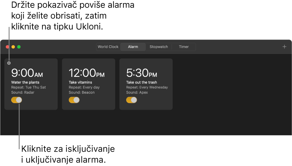 Prozor Alarma s prikazom triju alarma.