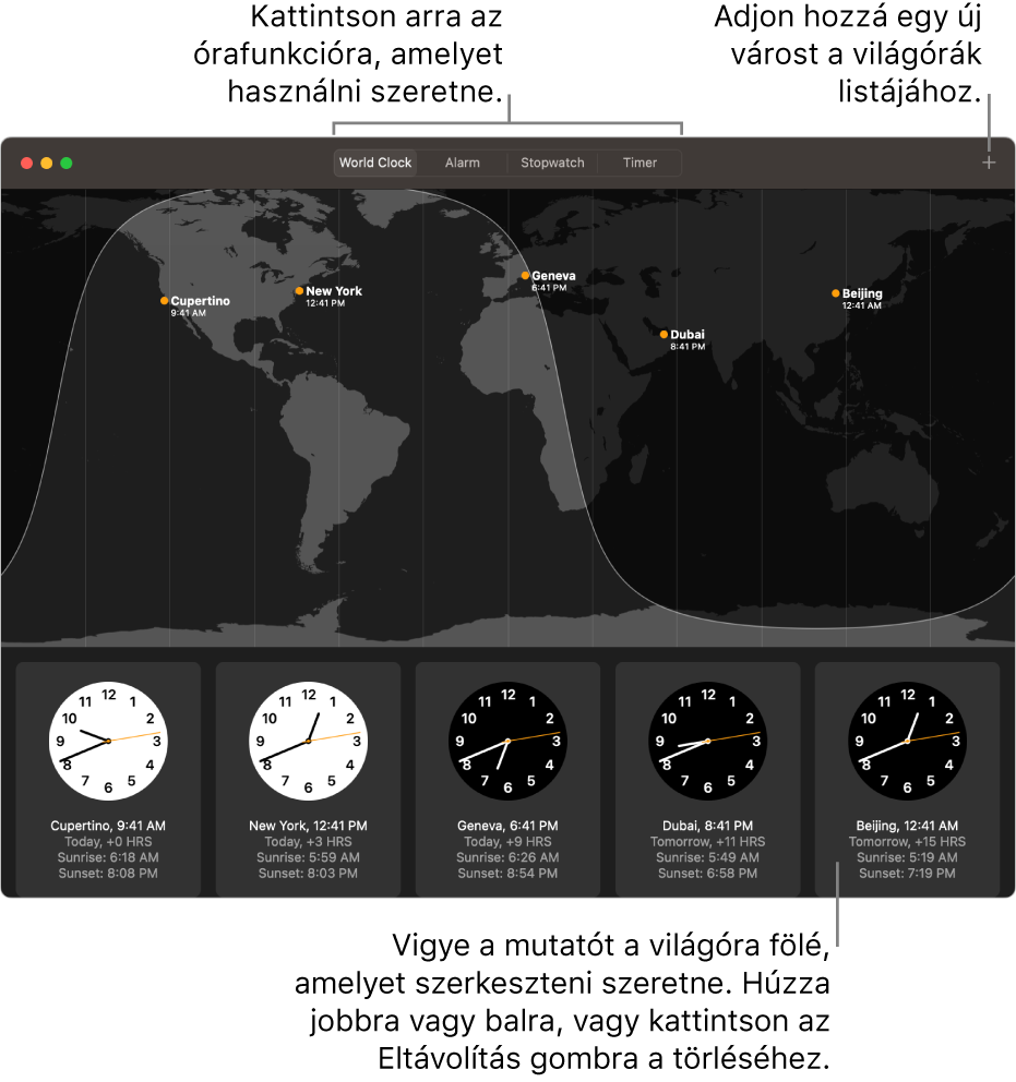 Egy világtérkép, amelyen helyi időt,illetve napkelte és napnyugta időpontja látható a világ különböző városaiban.