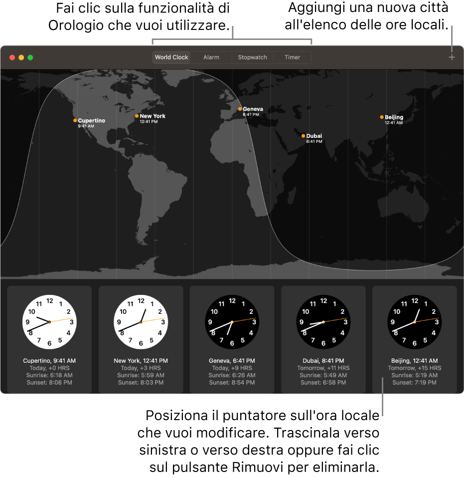 Una mappa del mondo che mostra l'ora locale, quella dell'alba e quella del tramonto in varie città del mondo.
