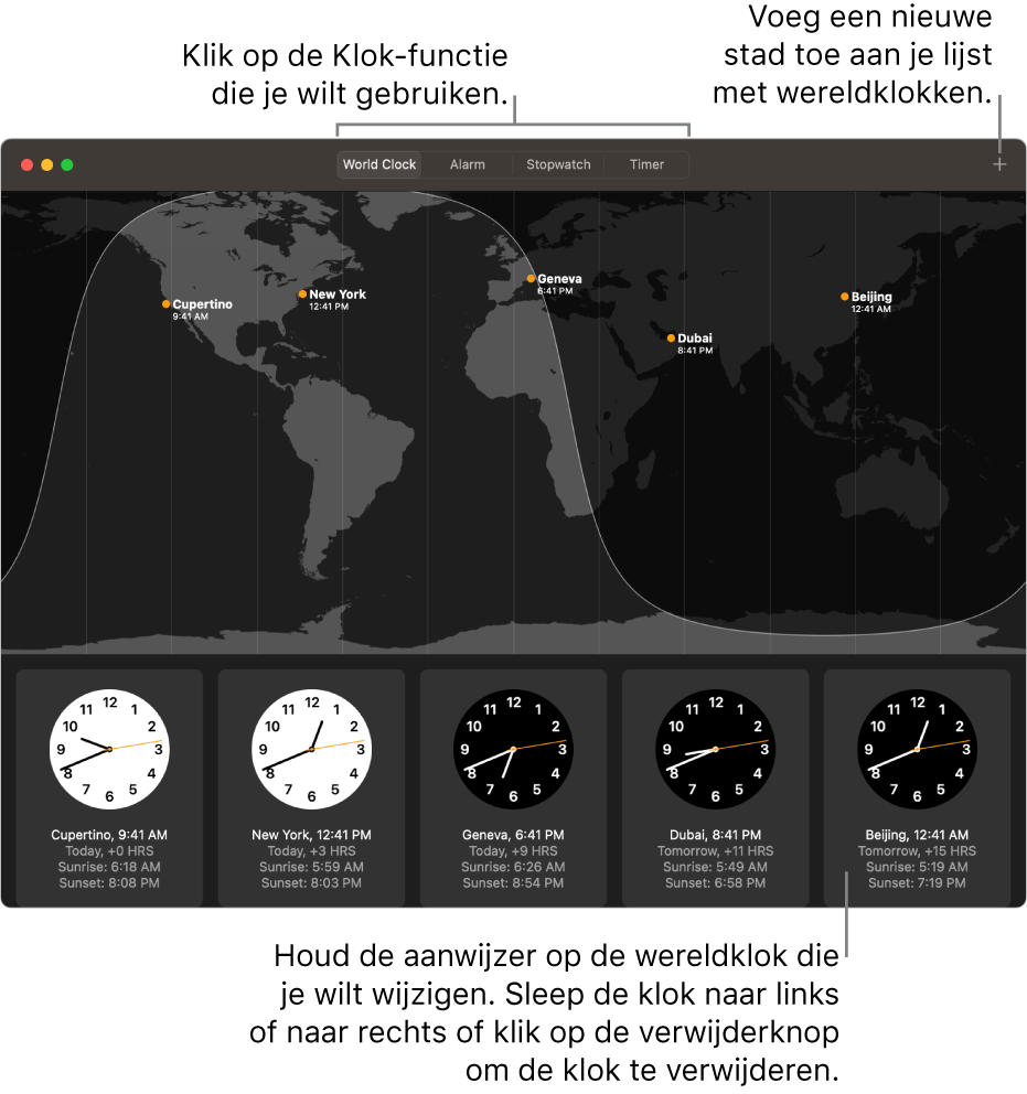 Een wereldkaart met de plaatselijke tijd, zonsopkomst en zonsondergang in verschillende steden over de hele wereld.
