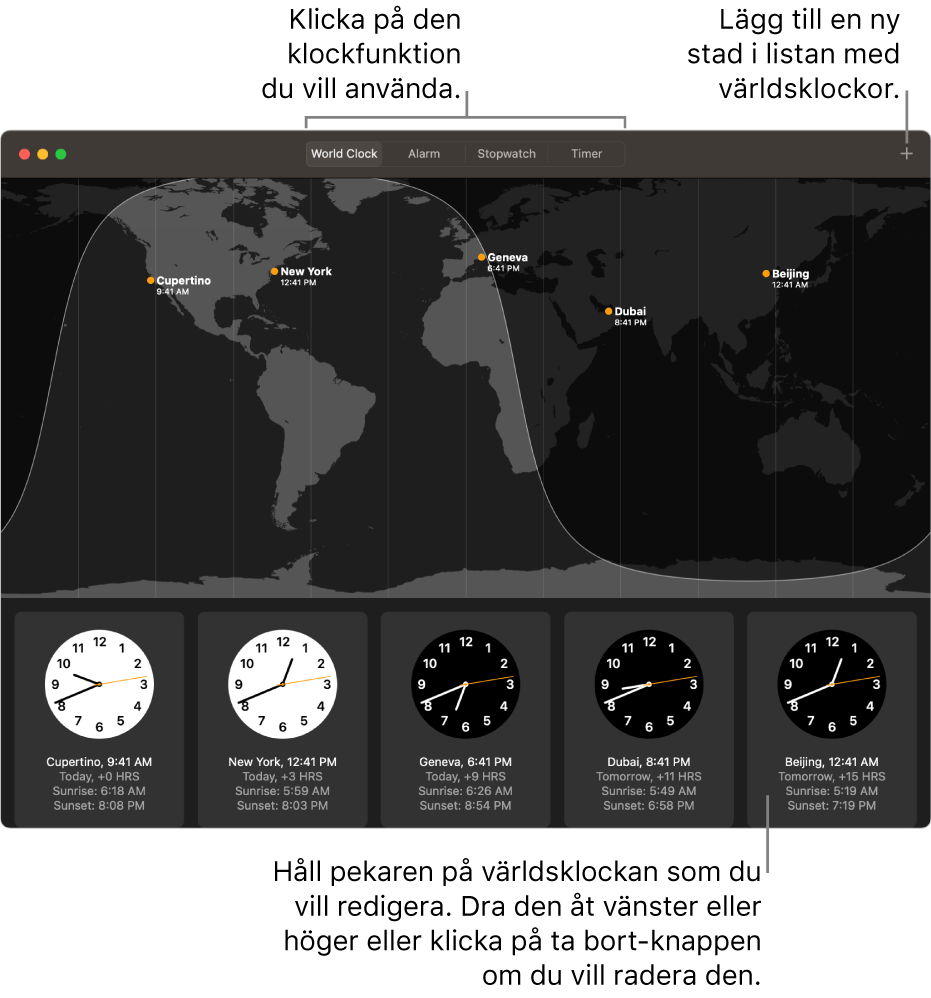 En världskarta visar lokal tid, soluppgång och solnedgång i olika städer runt om i världen.