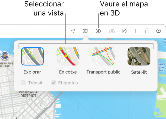 Un mapa de San Francisco que mostra les opcions de visualització del mapa: “Per omissió”, “Transport públic”, Satèl·lit i 3D.