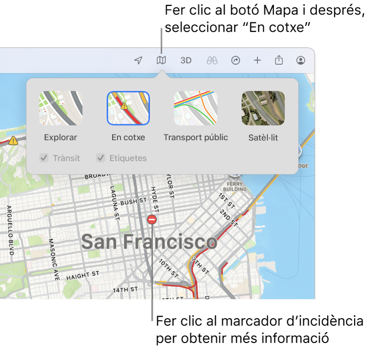 Un mapa de San Francisco que mostra opcions del mapa, la casella Trànsit seleccionada i les incidències de trànsit al mapa.