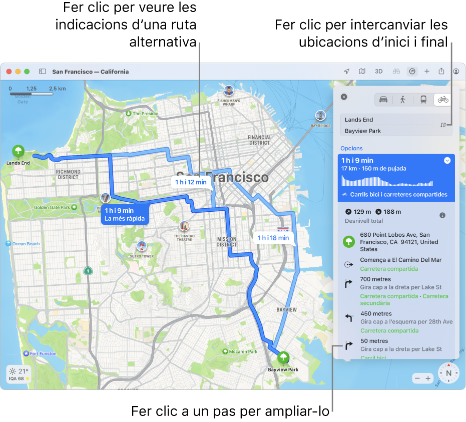 Un mapa de San Francisco amb les indicacions del trajecte en bicicleta, inclosa la informació sobre l’elevació i el trànsit.
