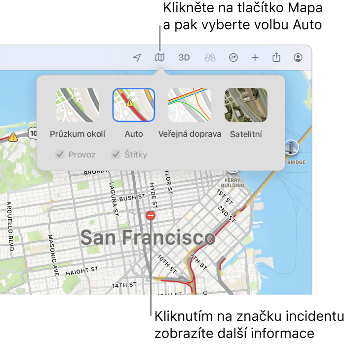 Mapa San Francisca se zobrazenými volbami, zaškrtnutým políčkem „Provoz“ a dopravními událostmi na mapě
