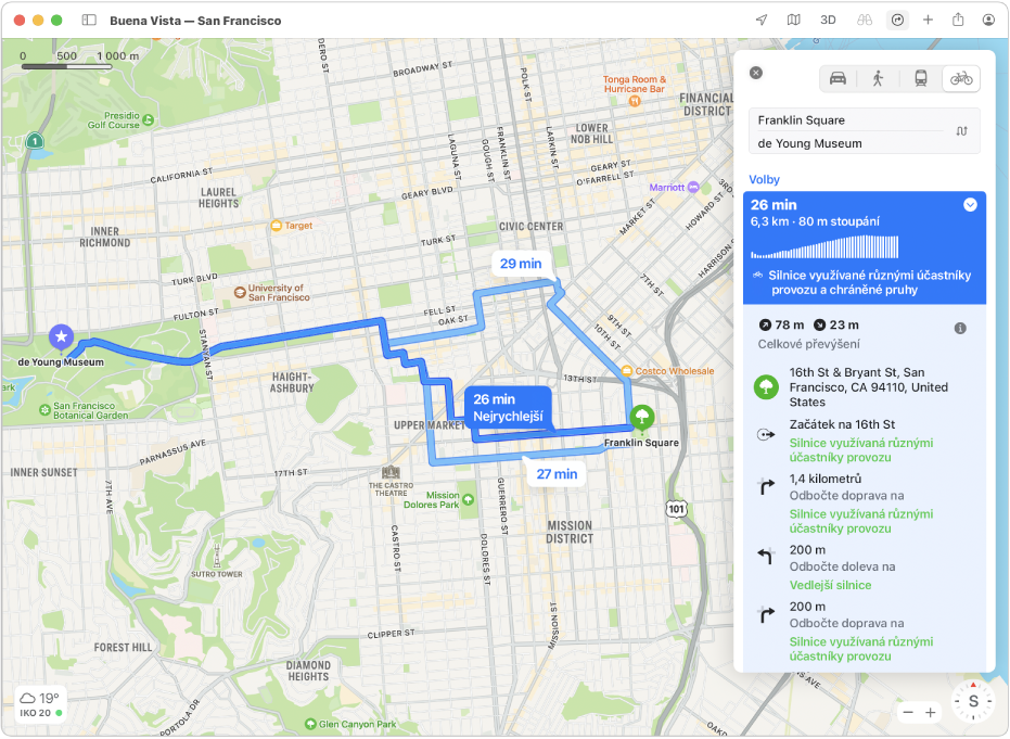 Mapa San Francisca s trasou pro cyklisty, včetně informací o stoupání a dopravní situaci