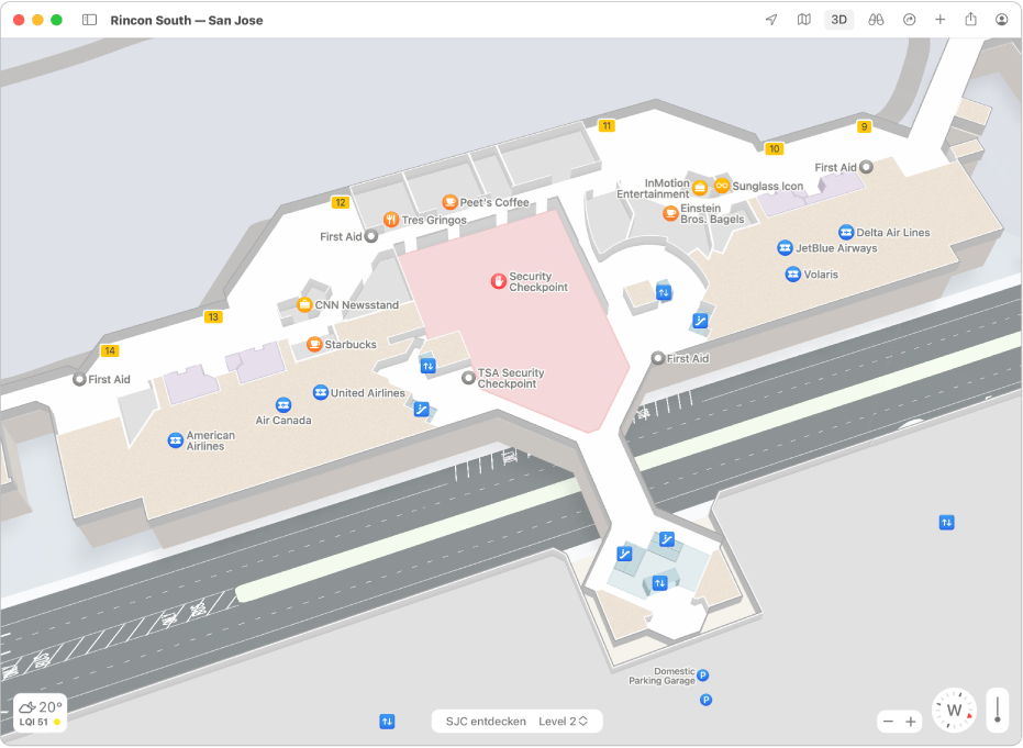 Eine Karte des San Jose International Airport mit einer Ortskarte, die Wegzeit, Adresse, Öffnungszeiten und weitere Informationen anzeigt.