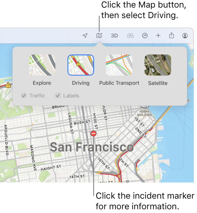 A map of San Francisco with map options displayed, the Traffic tick box selected and traffic incidents on the map.