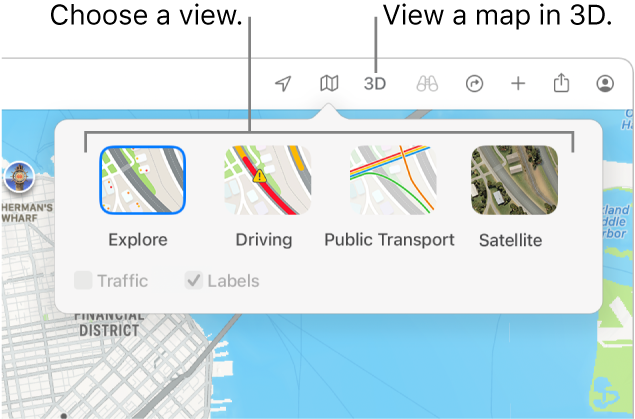A map of San Francisco displaying map view options: Default, Public Transport, Satellite and 3D.