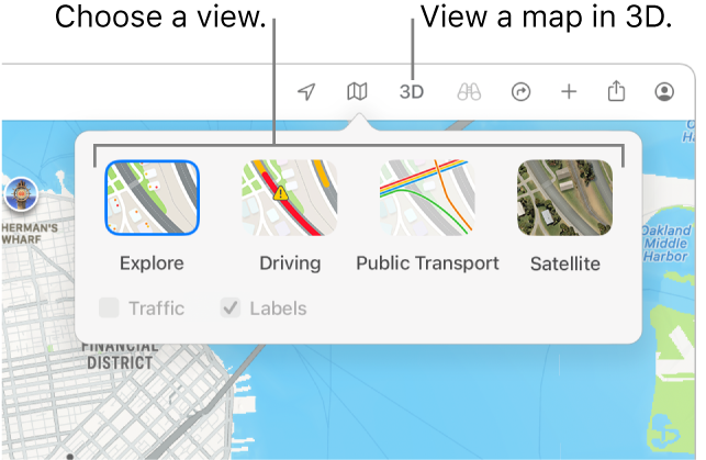 A map of San Francisco displaying map view options: Default, Public Transport, Satellite and 3D.