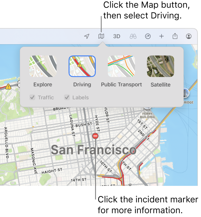 A map of San Francisco with map options displayed, the Traffic tickbox selected and traffic incidents on the map.
