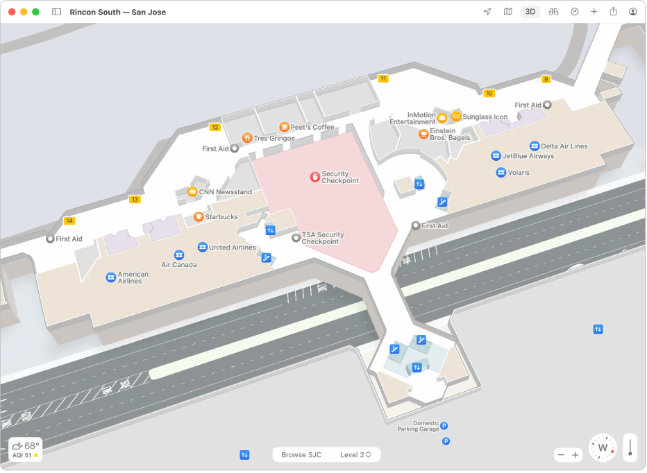 A map of San Jose International Airport with a place card showing drive time, address, hours, and more info.