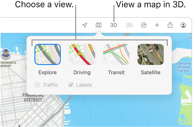A map of San Francisco displaying map view options: Default, Transit, Satellite, and 3D.