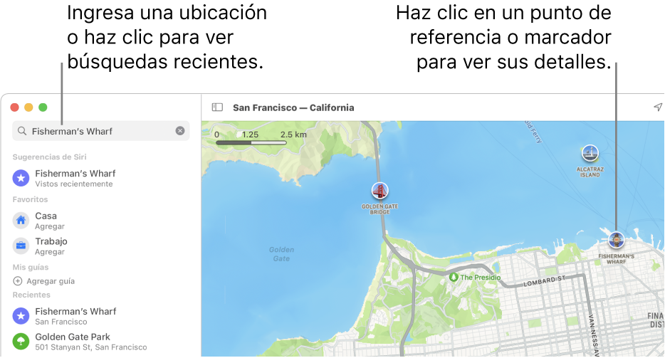 Ingresa la ubicación en el campo de búsqueda o haz clic en ella para ver las búsquedas recientes. Haz clic en un punto de referencia o marcador para ver información.