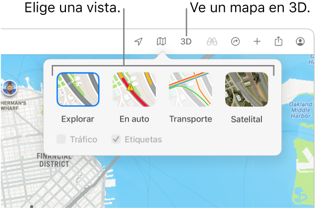 Un mapa de San Francisco mostrando opciones de visualización de mapa: Predeterminada, Tráfico, Satelital y 3D.