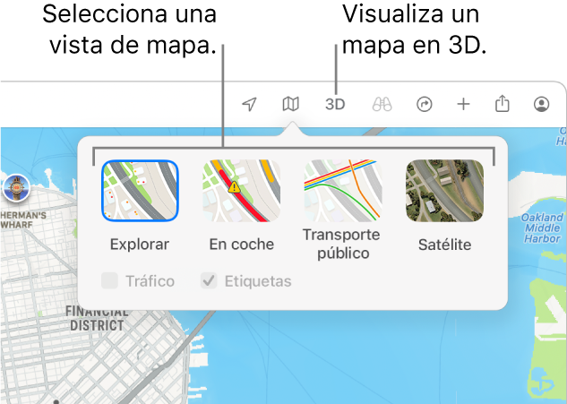 Un mapa de San Francisco donde se muestran las opciones de vista del mapa: “Por omisión”, “Transporte público”, Satélite y 3D.