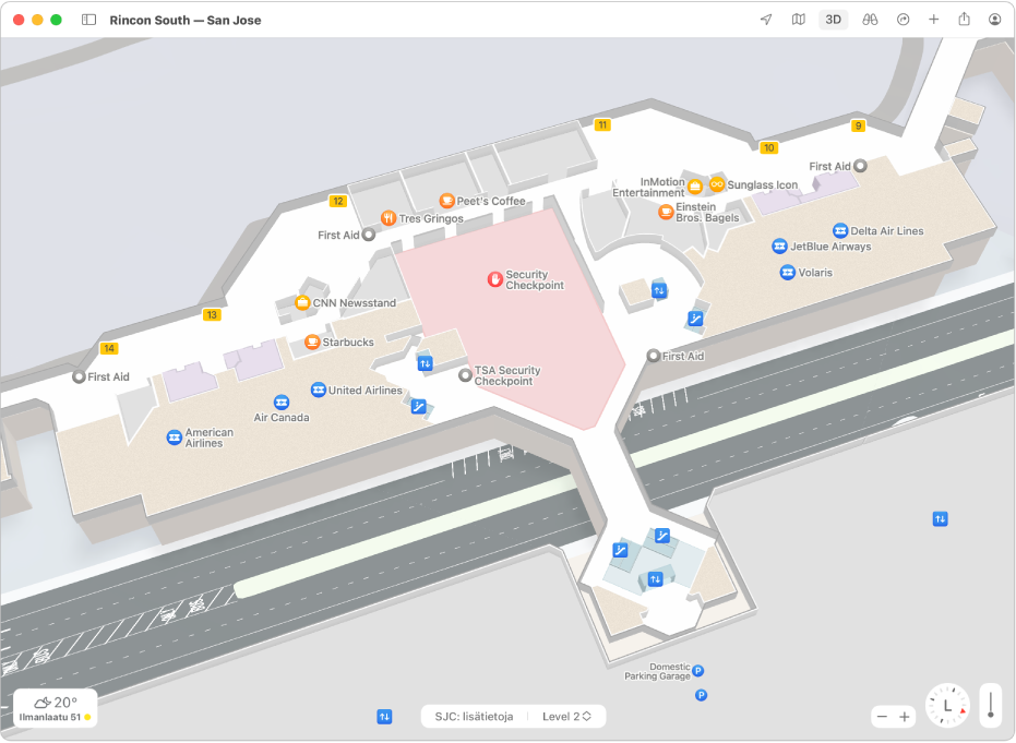 San Josen kansainvälisen lentokentän kartta ja paikkakortti, jossa näkyy ajoaika, osoite, tunnit ja muita tietoja.