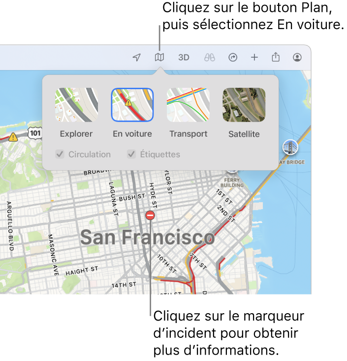 Un plan de San Francisco avec l’affichage des options de plan, la case Circulation cochée et les incidents liés au trafic sur le plan.