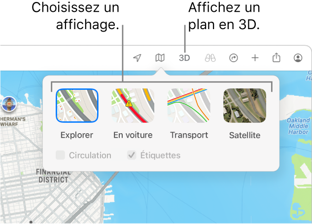 Un plan de San Francisco affichant des options d’affichage du plan : Par défaut, Transport, Satellite ou 3D.