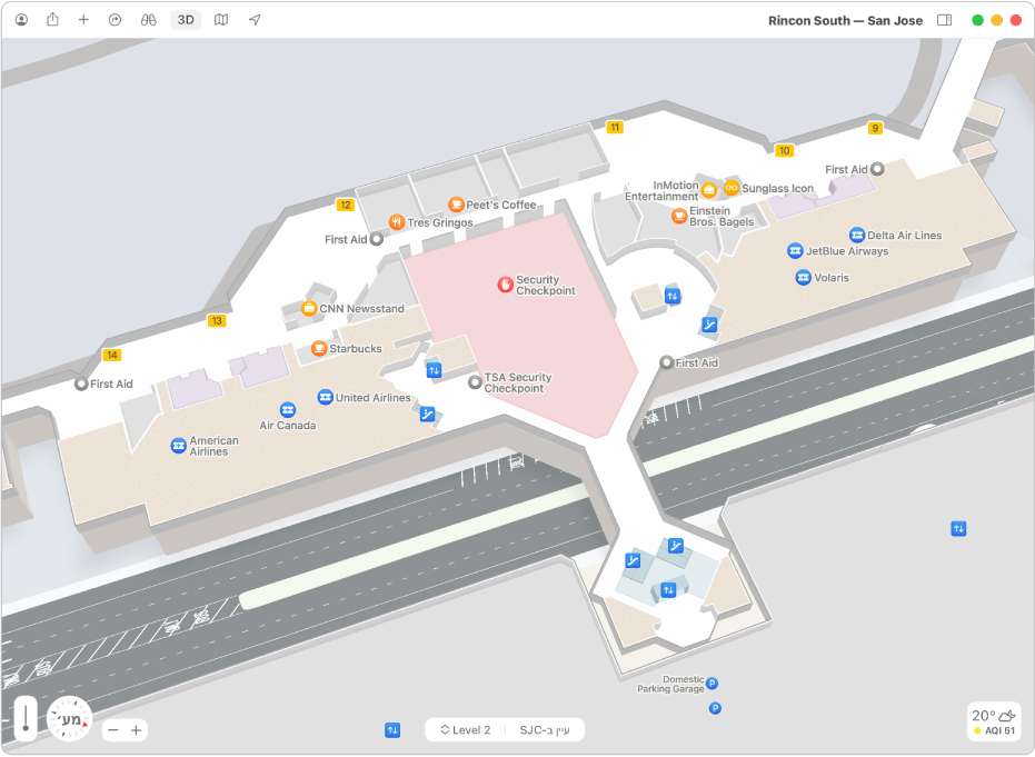 מפה של נמל התעופה הבינלאומי סן חוזה עם כרטיס מקום המציג את זמן הנסיעה, הכתובת, שעות פתיחה ועוד.