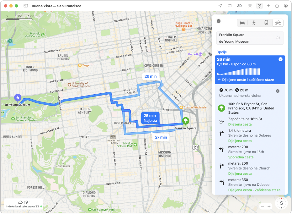 Karta San Francisca s uputama za putovanje biciklom, uključujući visinsku razliku i promet.