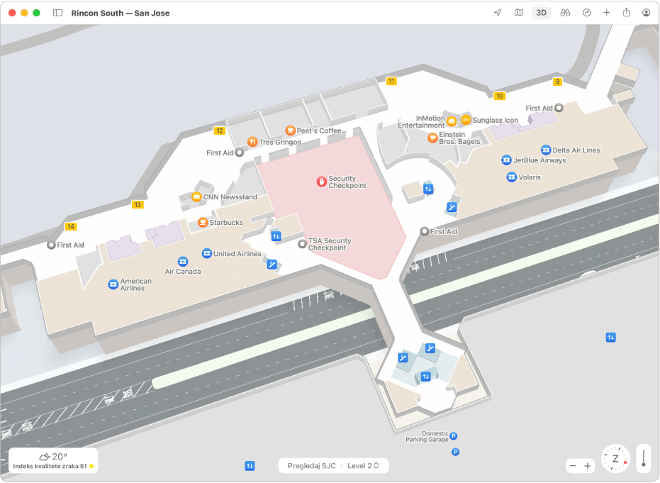 Karta zračne luke San Jose International Airport s karticom mjesta koja prikazuje trajanje vožnje, adresu, sate i još informacija.