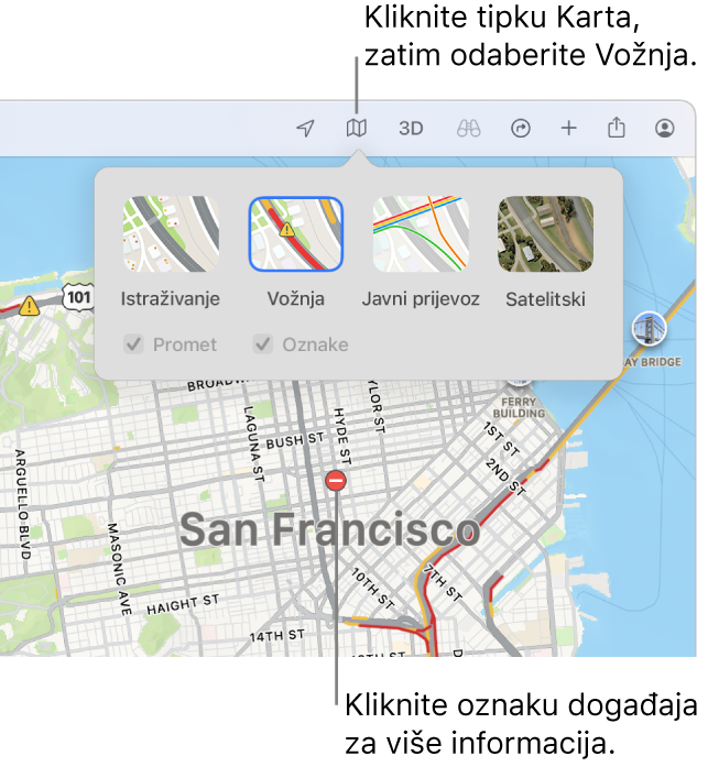 Karta San Francisca s prikazanim opcijama karte, odabranom potvrdnom kućicom Promet i stanjem na cesti na karti.