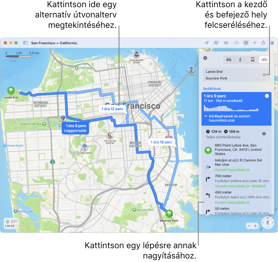 San Francisco térképe egy kerékpáros útvonaltervvel, ami a szintkülönbségeket és a forgalmat is tartalmazza.