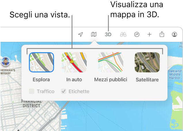Una mappa di San Francisco che mostra le opzioni di visualizzazione della mappa: Default, “Mezzi pubblici”, Satellite e 3D.