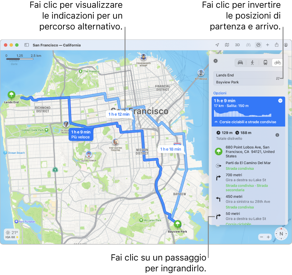 Una mappa di San Francisco con indicazioni per un itinerario in bici, inclusi dislivello e traffico.