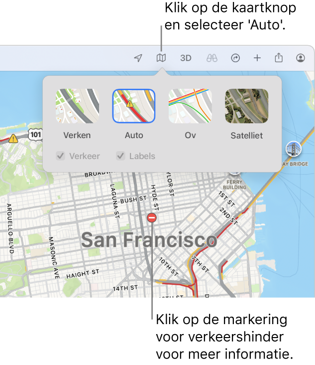 Een kaart van San Francisco met kaartopties, het aankruisvak 'Verkeer' geselecteerd en verkeershinder op de kaart.