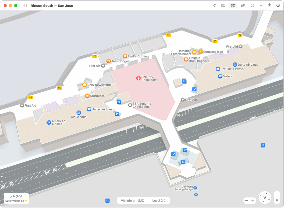 Et kart over San Jose internasjonale flyplass med et stedsinformasjonskart som viser kjøretid, adresse, åpningstider og annen informasjon.
