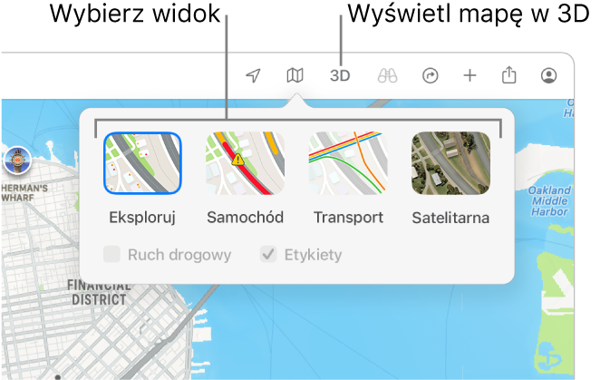 Mapa San Francisco wyświetlająca opcje widoku: Domyślna, Transport, Satelitarna oraz 3D.