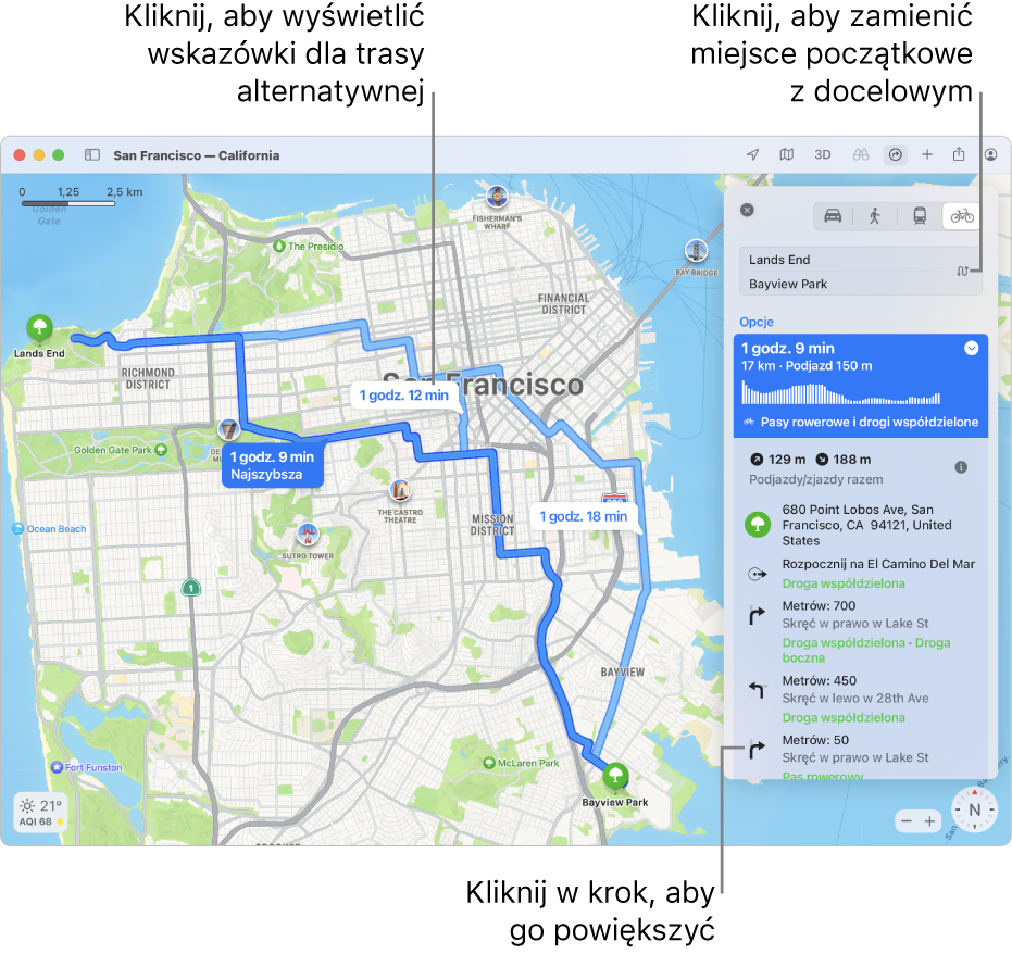 Mapa San Francisco z trasą przejazdu rowerem, obejmującą informacje dotyczące wysokości oraz natężenia ruchu.