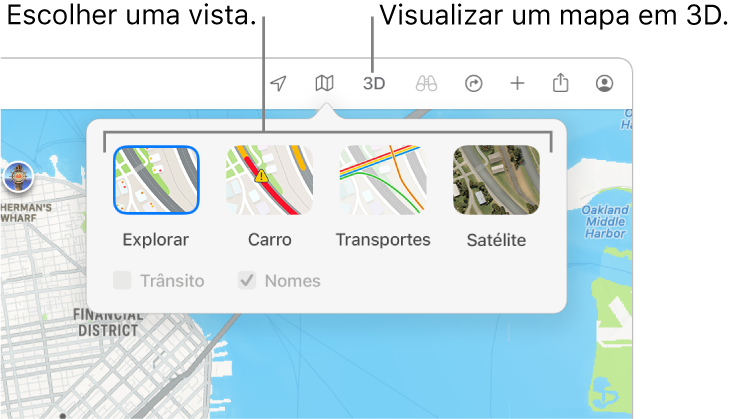 Um mapa de São Francisco com opções de vista de mapa: Predefinição, “Transportes públicos”, Satélite e 3D.