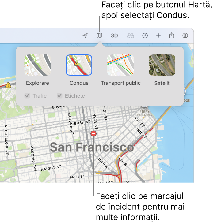 O hartă a orașului San Francisco cu opțiunile hărții afișate, caseta de validare Trafic selectată și incidentele de trafic afișate pe hartă.