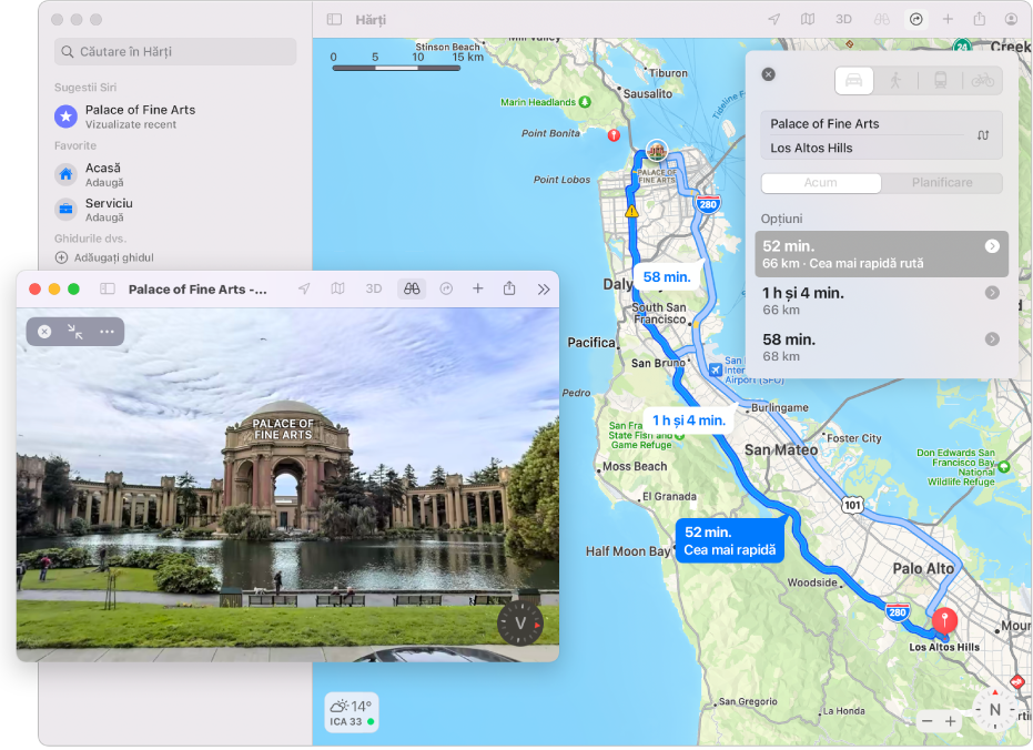 O hartă a orașului San Francisco incluzând o vedere 3D interactivă a unei atacții locale.