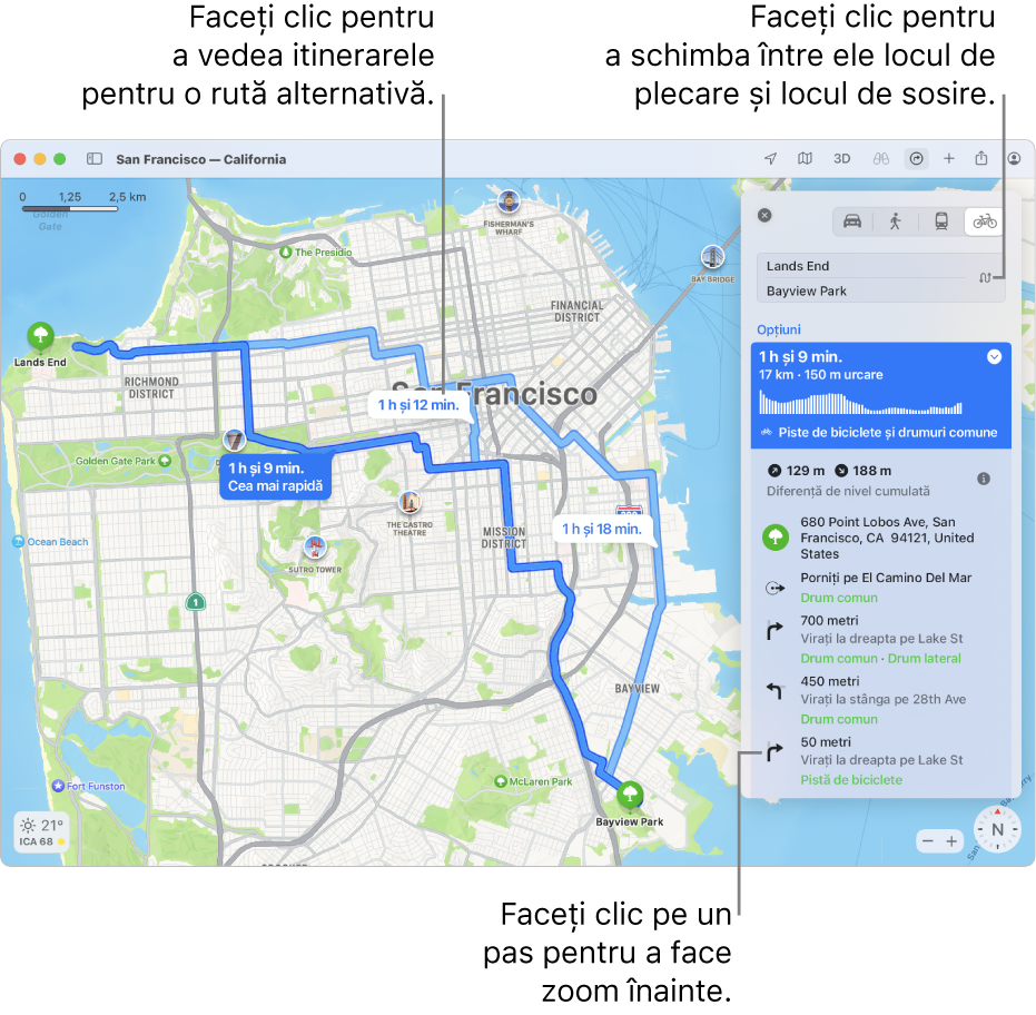 O hartă a orașului San Francisco cu itinerare pentru o rută de bicicletă, inclusiv diferență de nivel și trafic.