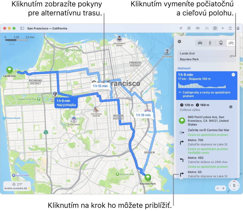 Mapa San Francisca s navigačnými pokynmi pre cyklistickú trasu vrátane údajov o stúpaní a premávke.